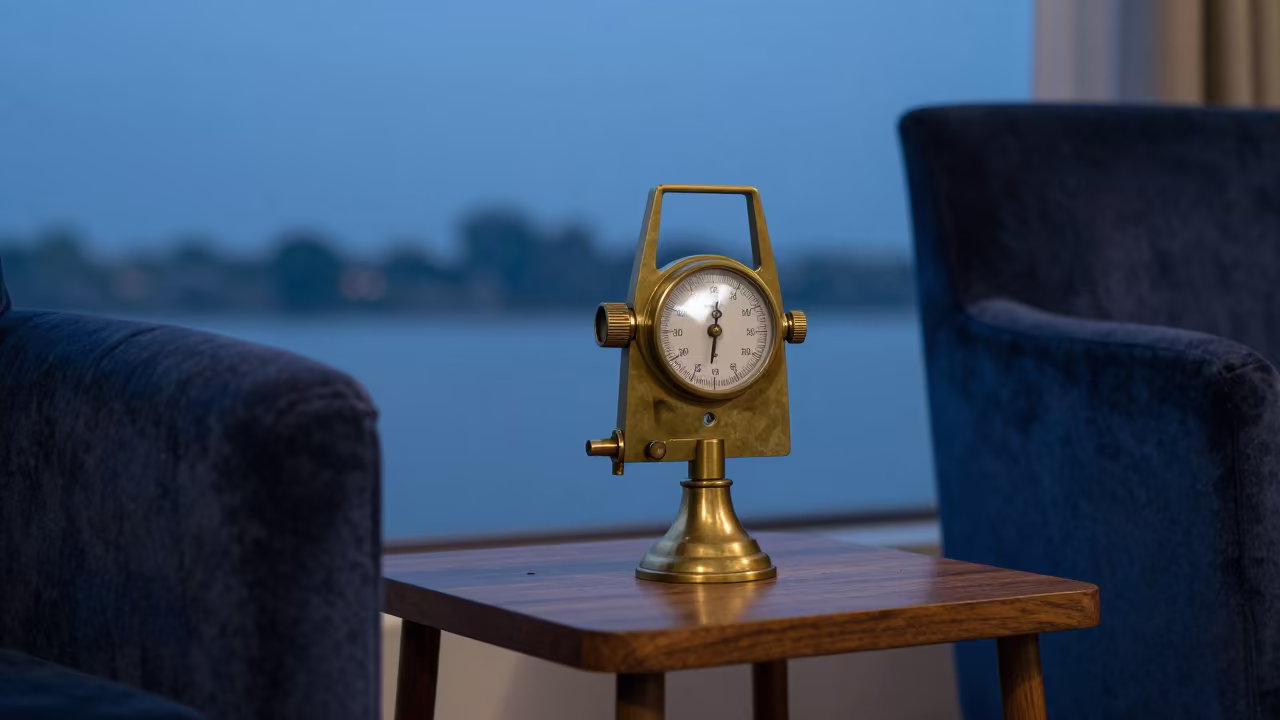 Clinometer on Oak Table in Prayagraj Twilight in on a velvet chair near Prayagraj