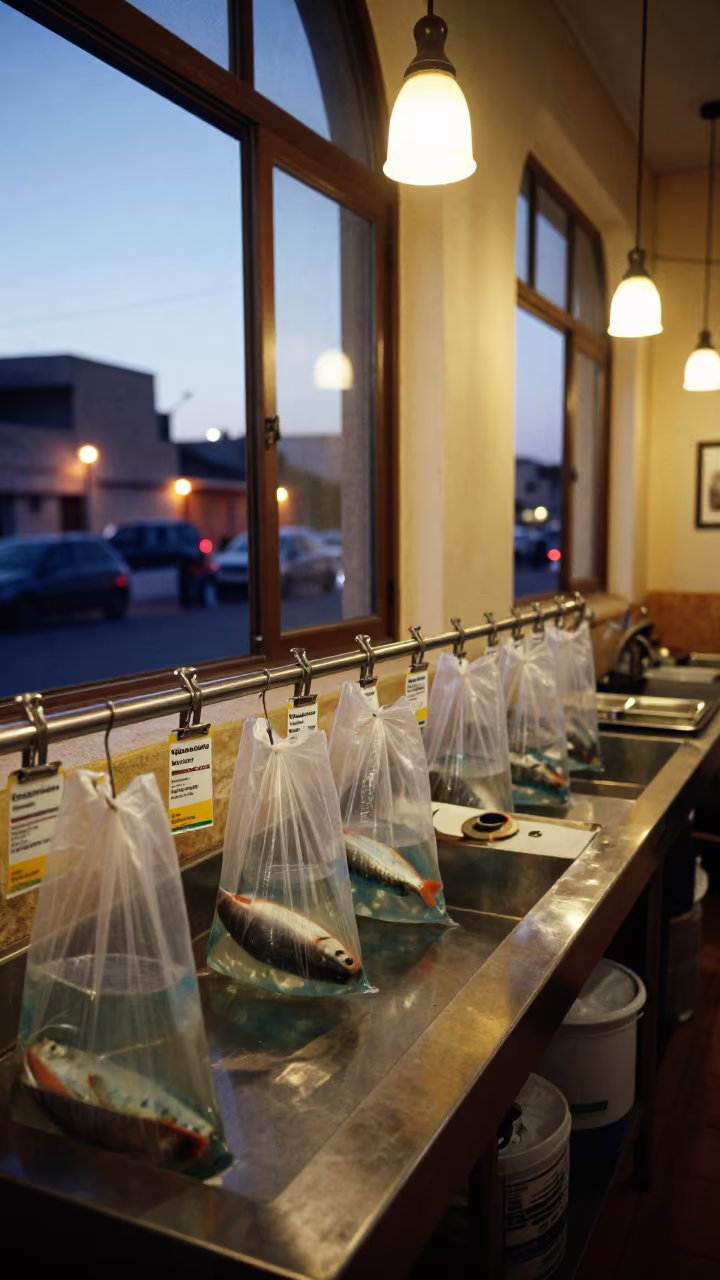 Clip Rail with Vaccine Tags in Settat Fish Counter in inside a fish bagging counter zone in Settat