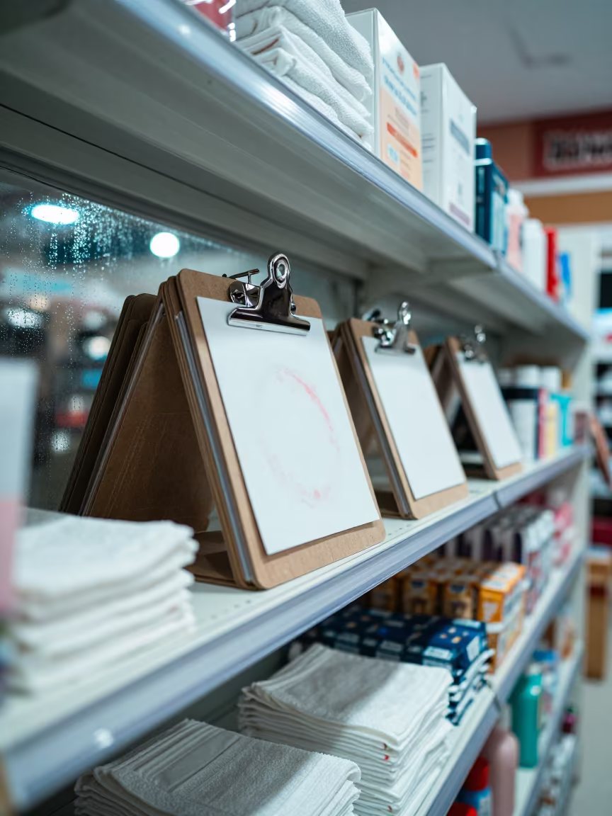 Clipboard on Beauty Shelf in Evening Store Light in in a beauty supply area under white LEDs near Ranchi