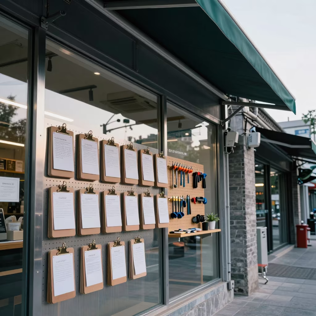 Clipboard Code Tags Retail Storefront Beijing in beneath a shop awning at blue hour in Beijing