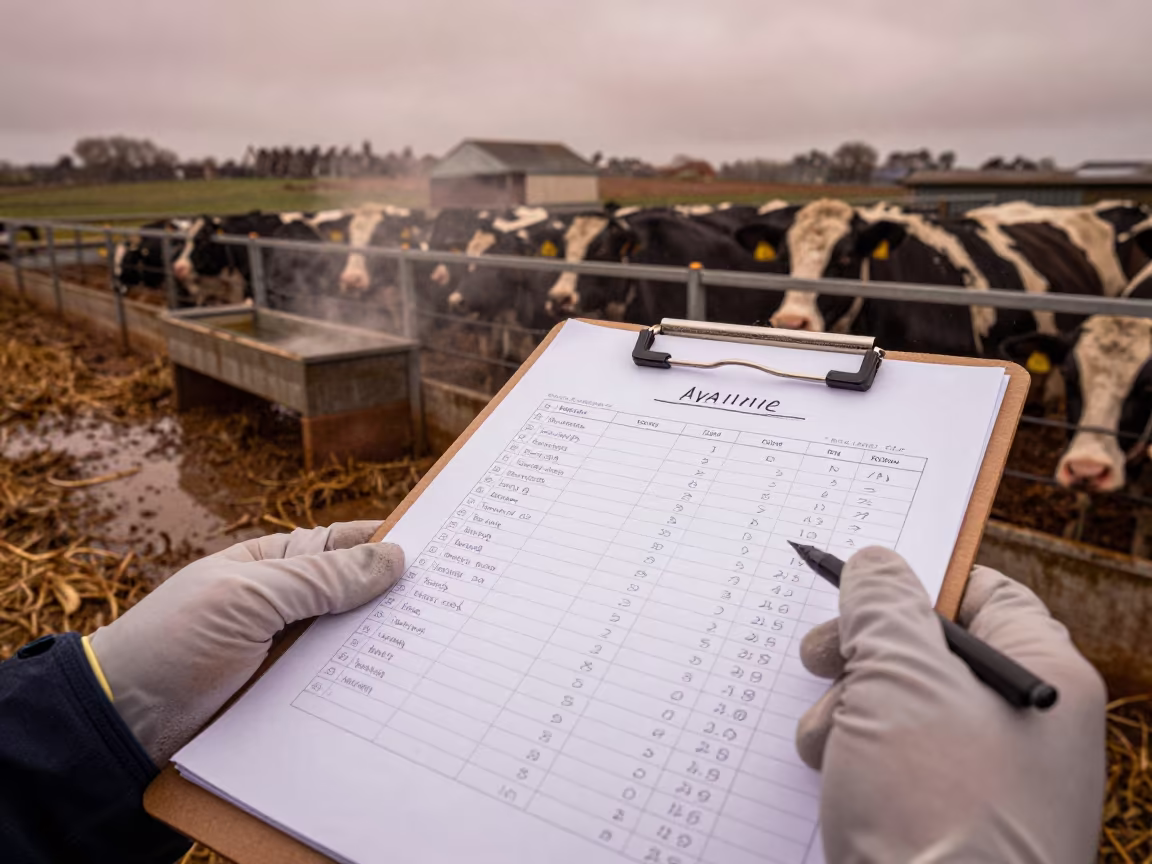 Clipboard Counting Calves in Cornish Monsoon Light in near a windbreak and water trough in Cornwall
