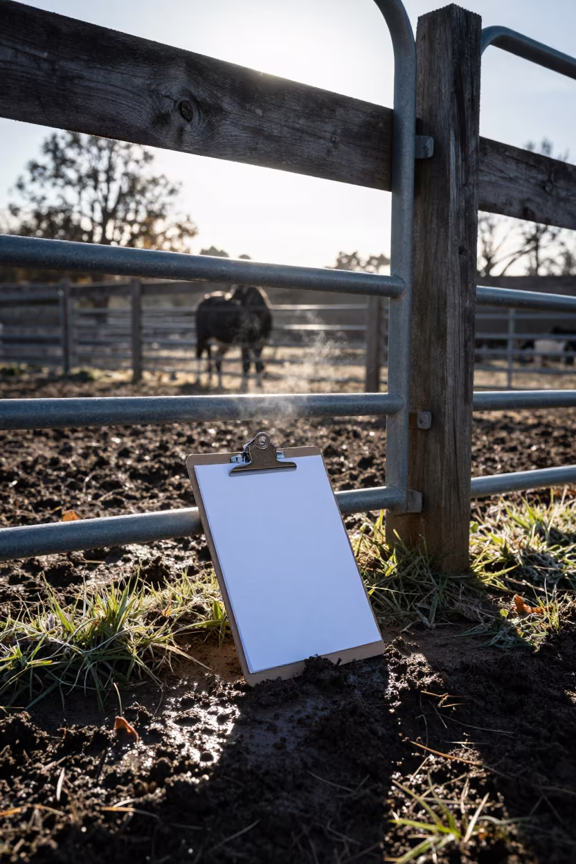 Clipboard Counting Chick Boxes Along Chilean Fence in along a muddy paddock fence in Chile