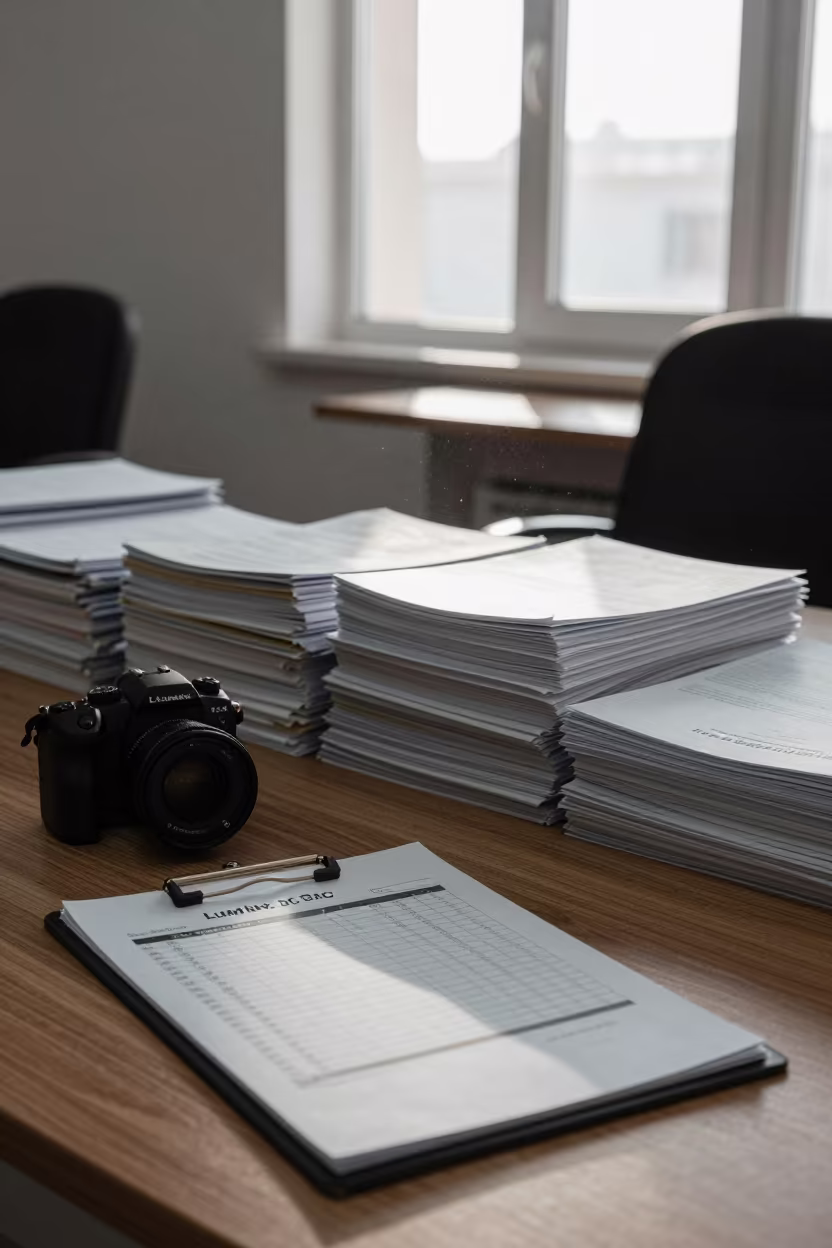 Clipboard Counting Supplies Before Payroll in Tabriz in inside a training room prepared for interviews near Tabriz