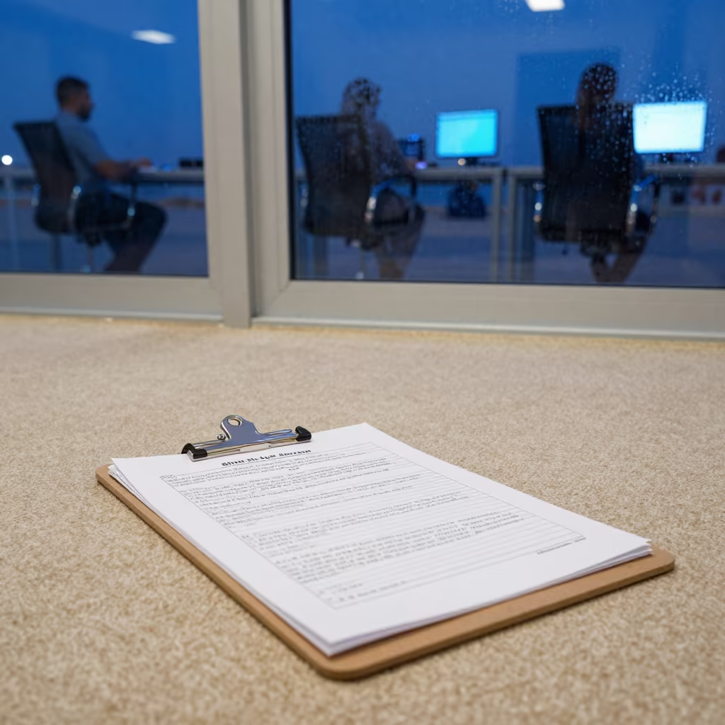 Clipboard in Evening Operations Center in in an operations center under monitor glow near Sharm el-Sheikh