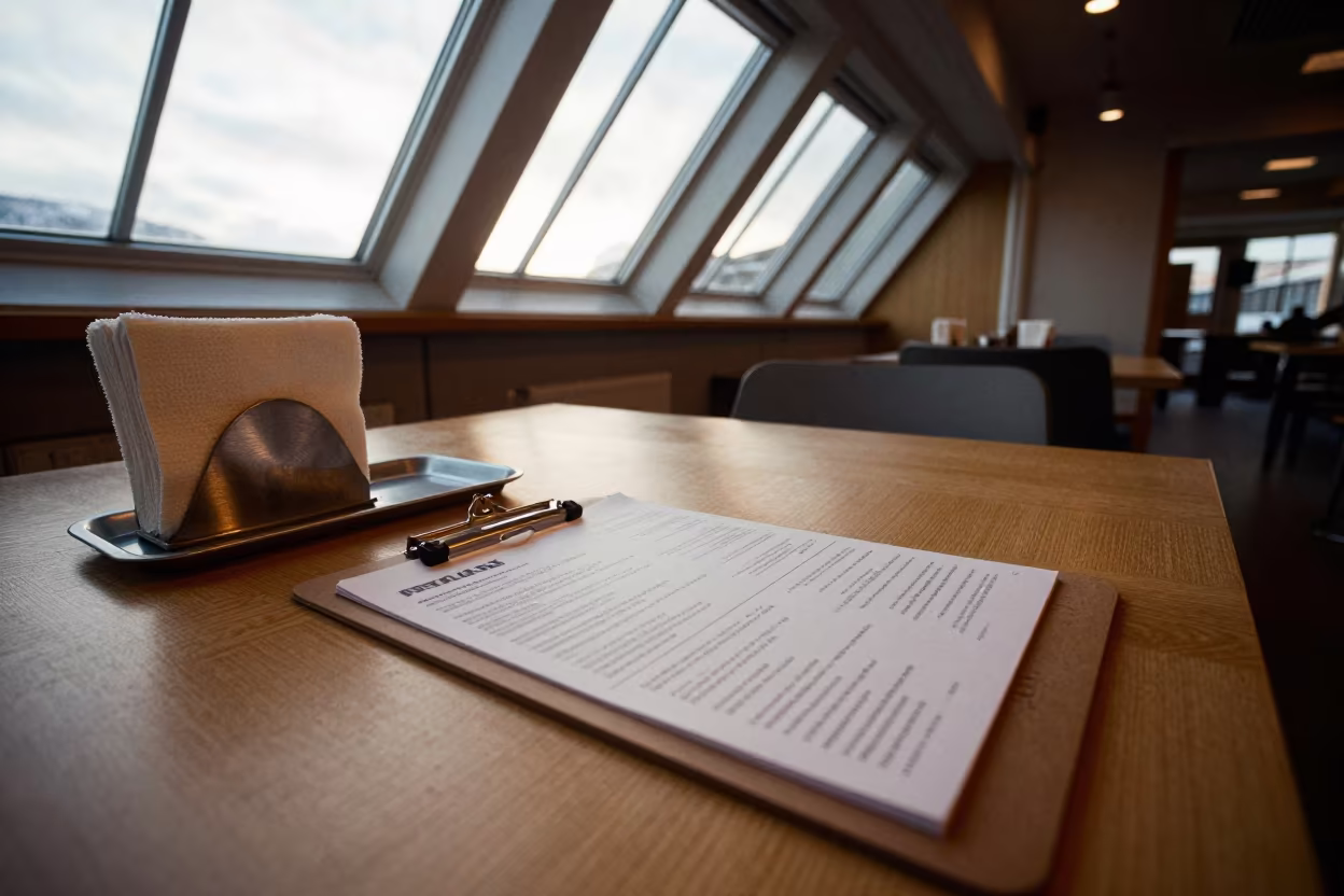 Clipboard and Linens in Trondheim Breakfast Room in inside a breakfast room before opening in Trondheim