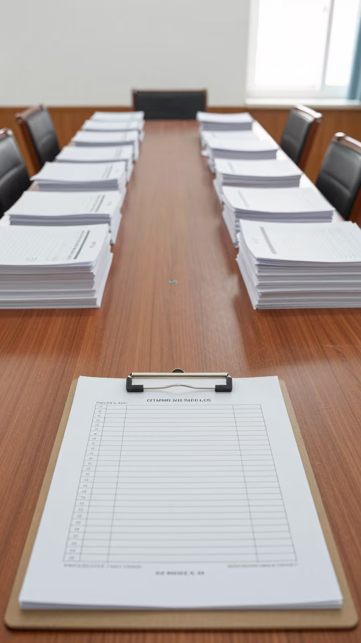 Clipboard on Meeting Room Table Pyongyang in inside a meeting room set for a hiring round in Pyongyang
