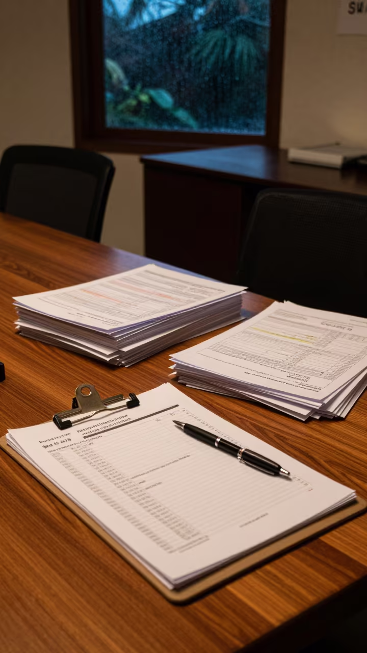 Clipboard on Office Desk in Sur Night in inside a meeting room set for a hiring round near Sur