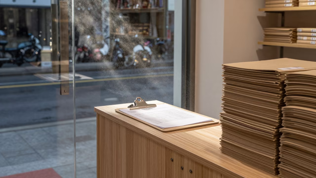 Clipboard Proof at Guangzhou Retail Counter Night in at a cash wrap counter with bags stacked nearby near Guangzhou
