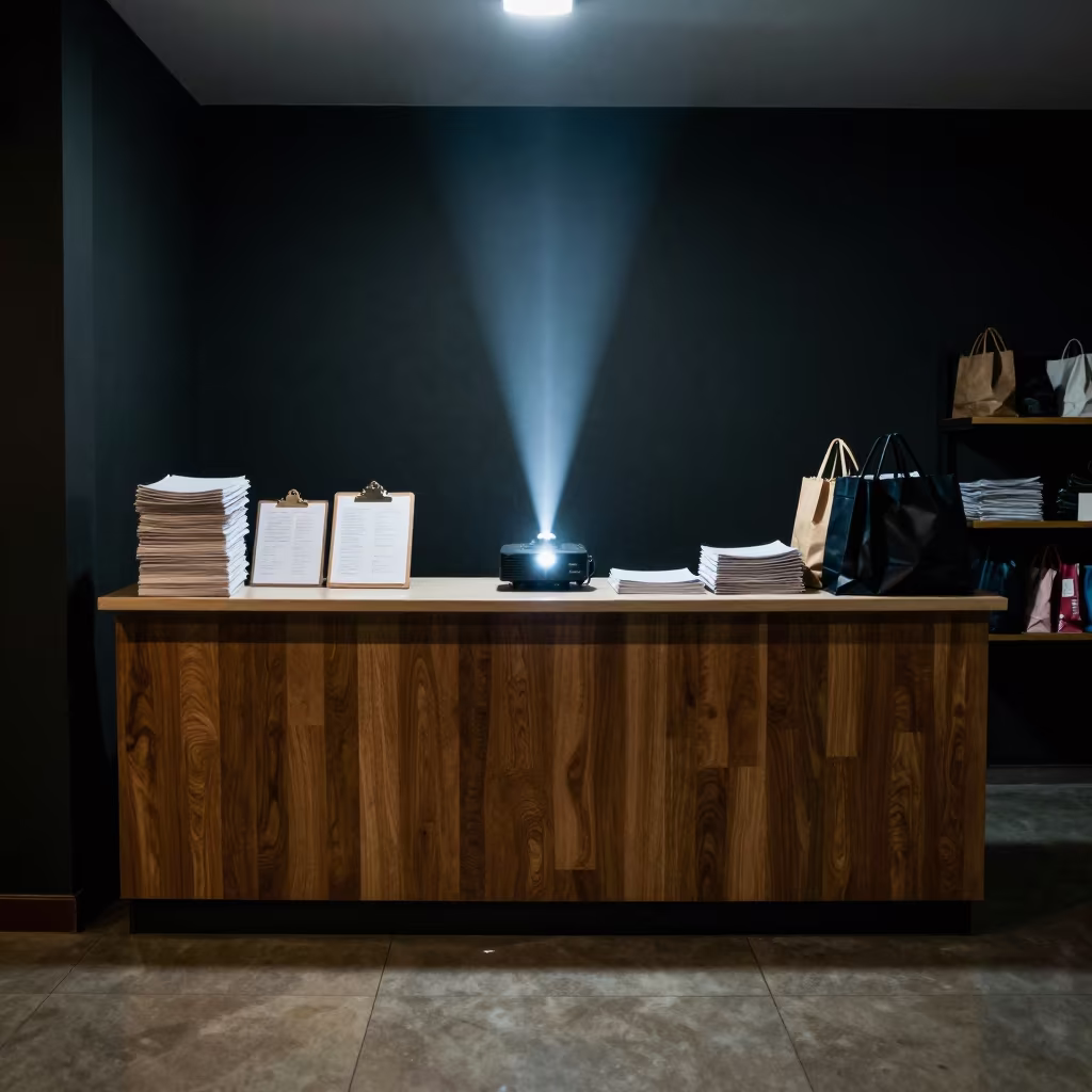 Clipboard Proof Retail Counter Night Service in at a cash wrap counter with bags stacked nearby in San Fernando de Apure