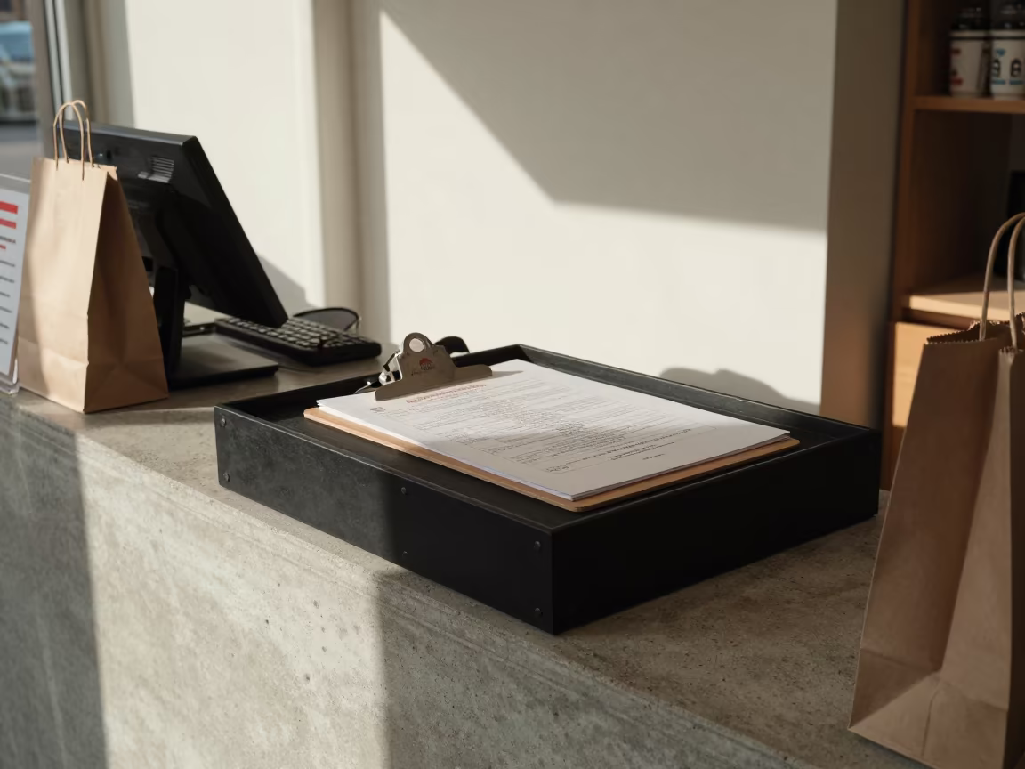 Clipboard Proof Service Counter Stuttgart in at a cash wrap counter with bags stacked nearby near Stuttgart