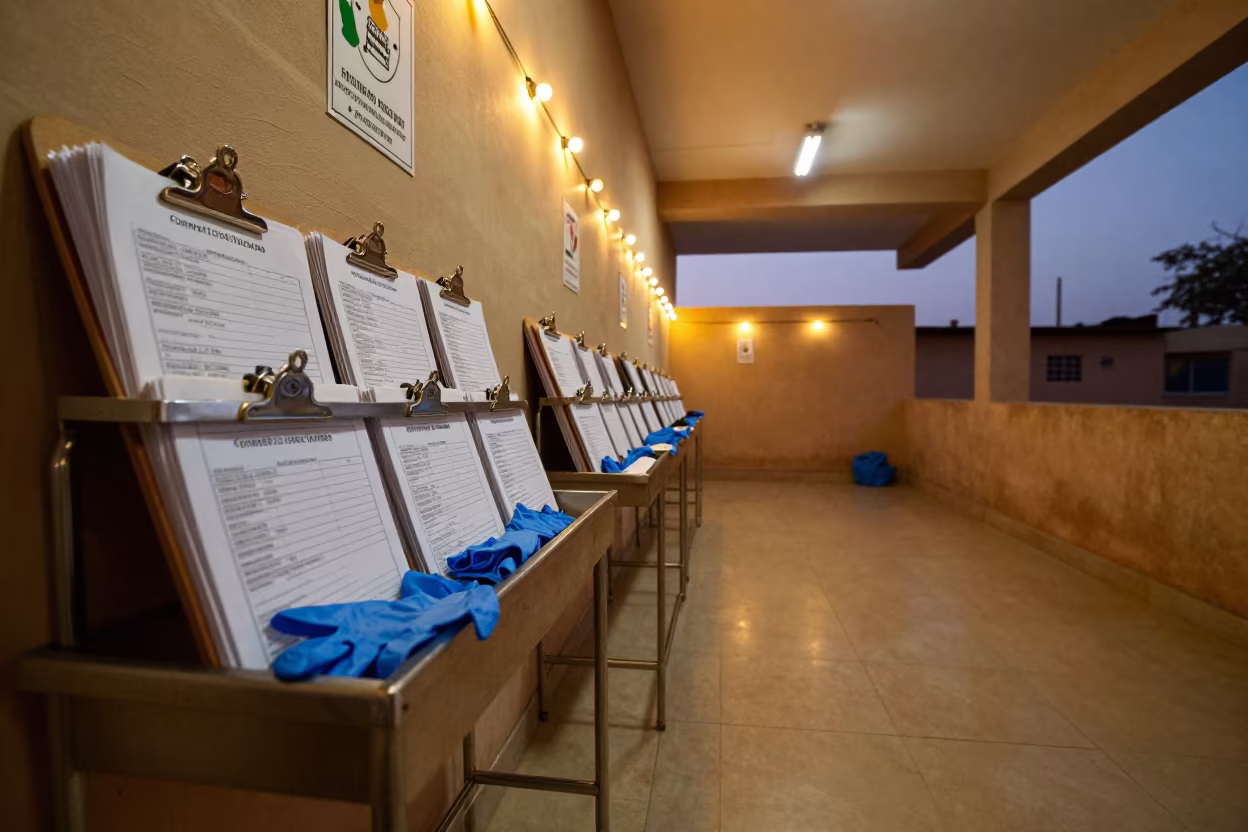 Clipboard Rack in Khartoum Surgical Prep at Twilight in in a surgical prep area in Khartoum