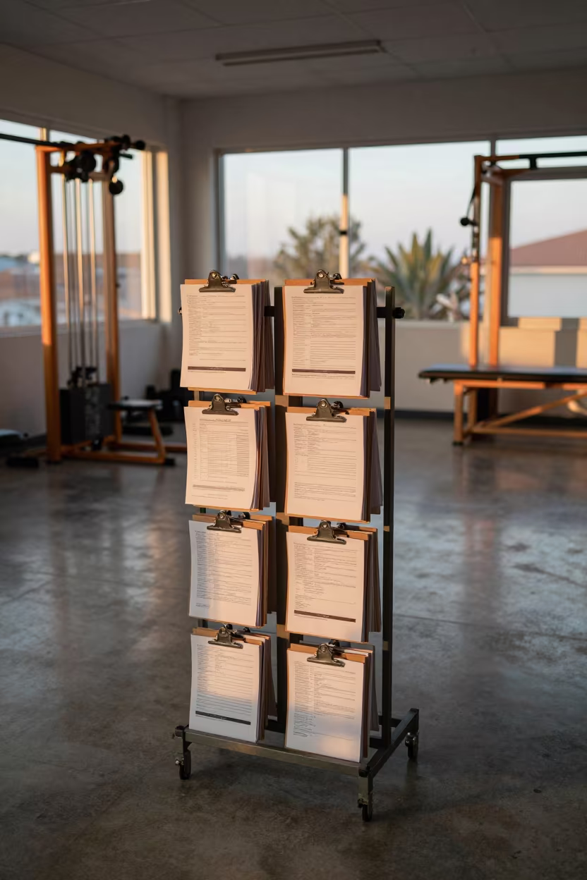Clipboard Rack in Rehabilitation Gym Evening Light in inside a rehabilitation gym in Minatitlán