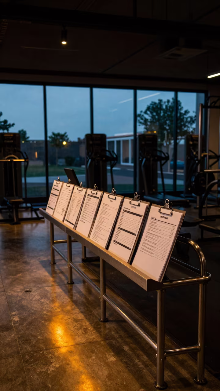Clipboard Rail at Gym Check-in Before Dawn in at a gym check-in desk near La Banda, Santiago del Estero