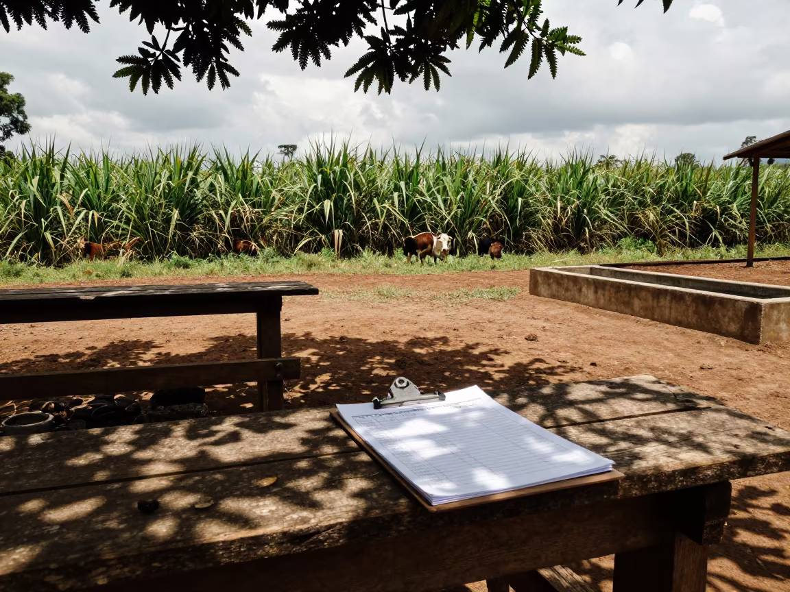 Clipboard Scorecard Amidst Rwandan Livestock Bunk in near a windbreak and water trough in Rwanda