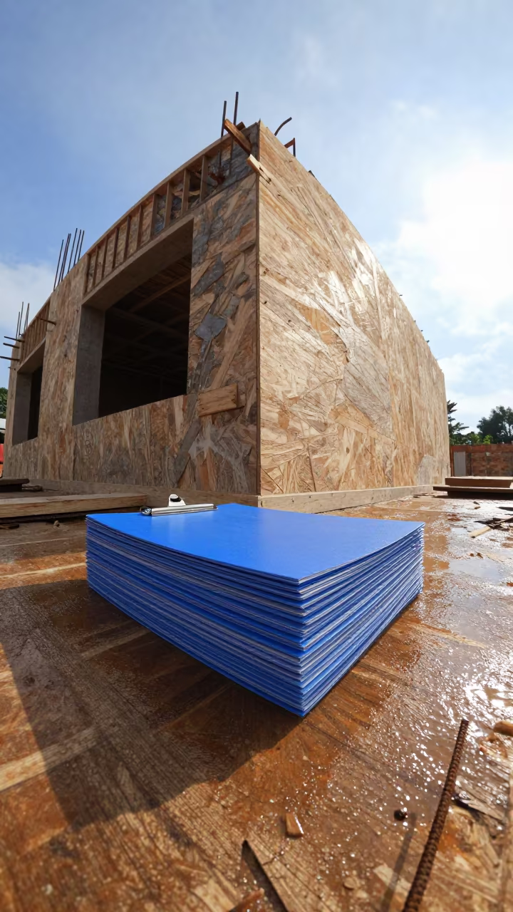 Clipboard Stack on Damp Plywood in Maturín Construction Site in beside a framed building shell in Maturín