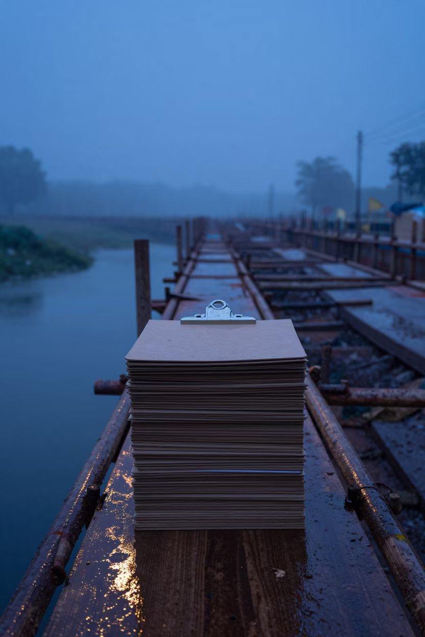 Clipboard Stack on Scaffold in Nagpur Wet Twilight in along a scaffolded facade in Nagpur