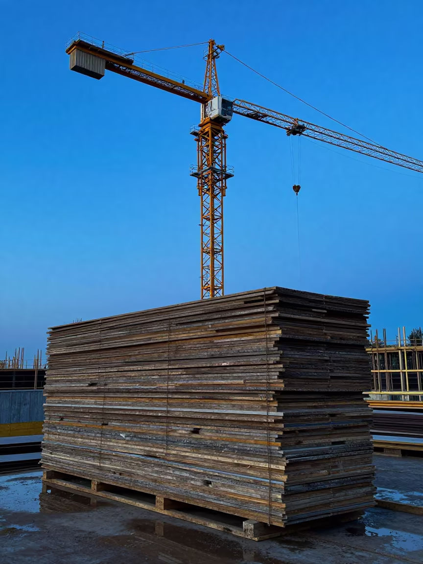 Clipboard Stack Under Tower Crane Chile Twilight in beneath a tower crane on open ground in Chile
