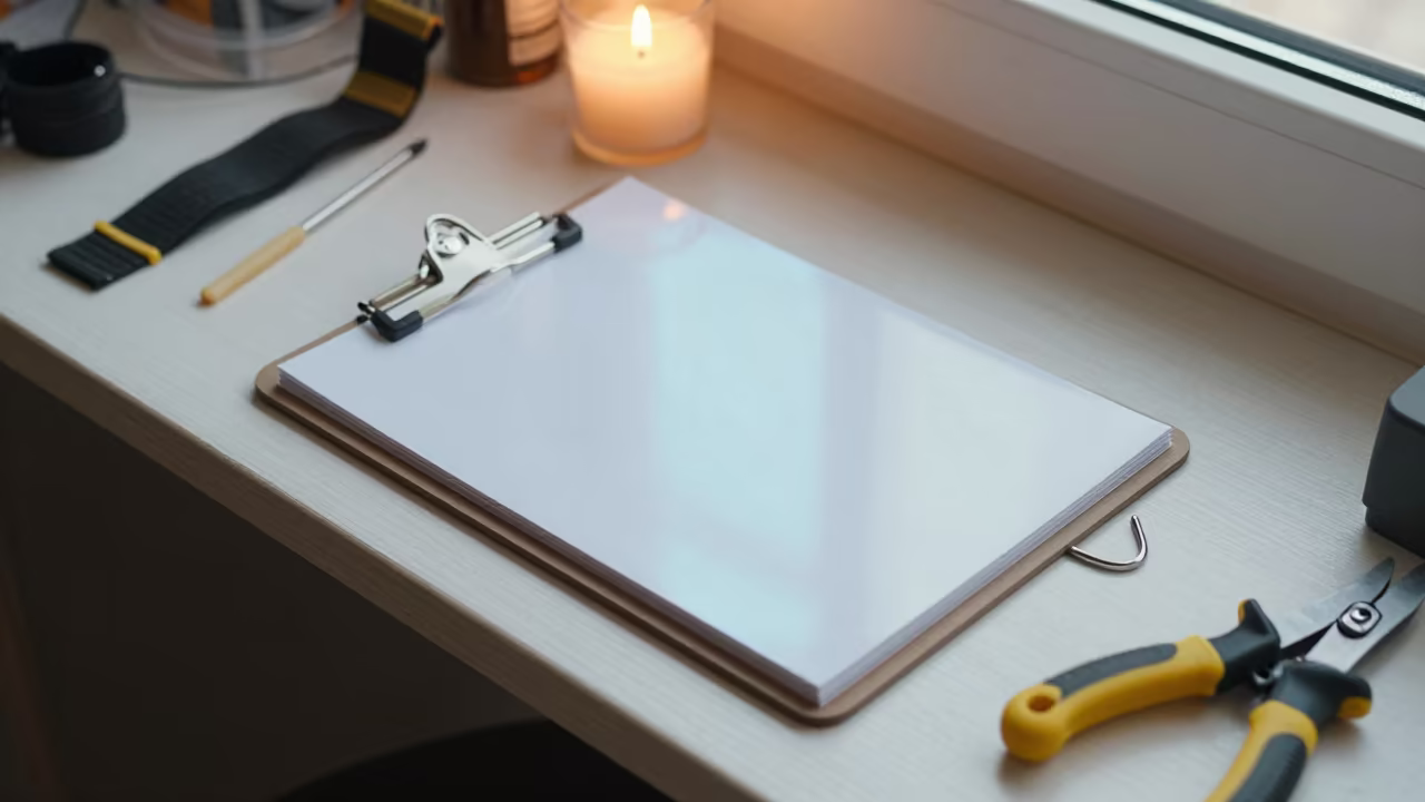 Clipboard Stand Under Natatorium Light in on a workshop shelf near Gothenburg