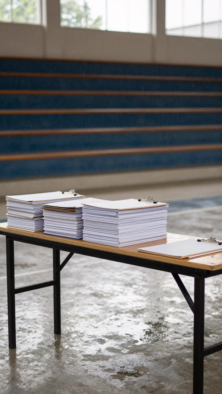Clipboards on Campaign Table in Benguela Gym in inside a polling station gymnasium near Benguela