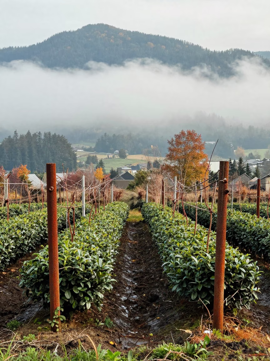 Clipped Tea Shrubs in Foggy Washington Vineyard in between vineyard trellises in Washington