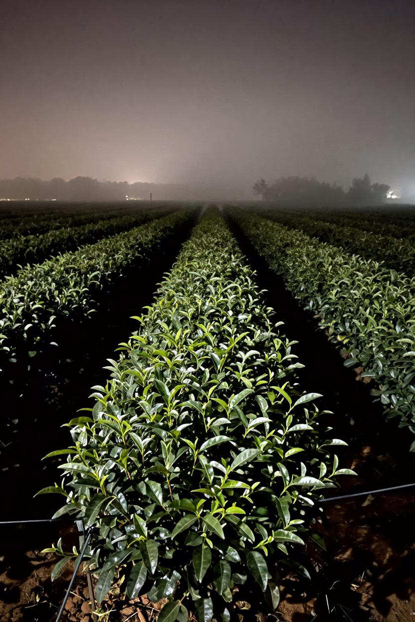 Clipped Tea Shrubs in Night Fog in between vineyard trellises in Saudi Arabia