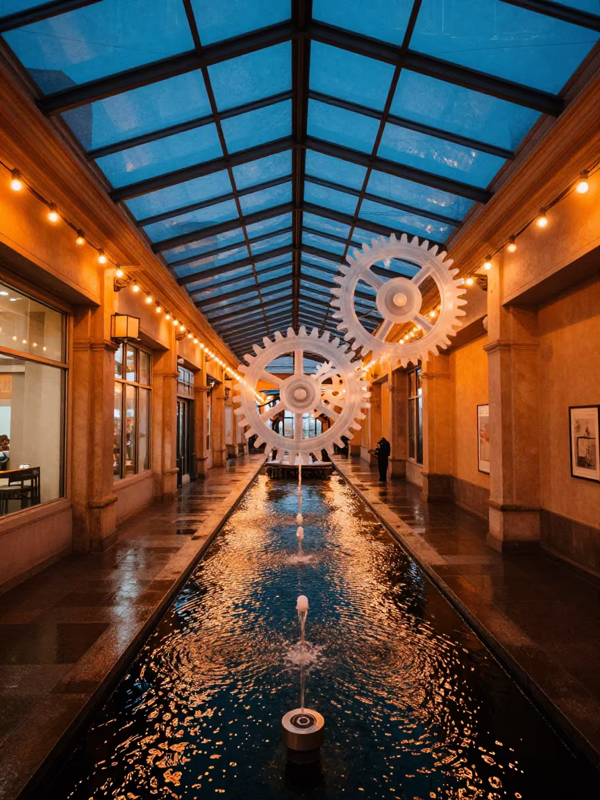 Clock Gears Double Exposure Over Water in inside a glass-roofed arcade in San Diego