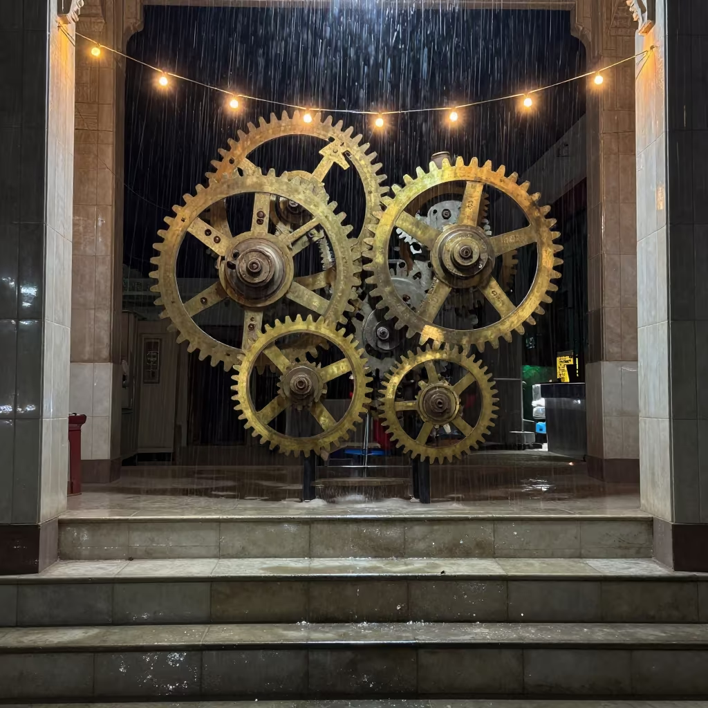 Clock Gears Over Monsoon Water in Kabul Hall in inside a tiled stair hall near Kabul