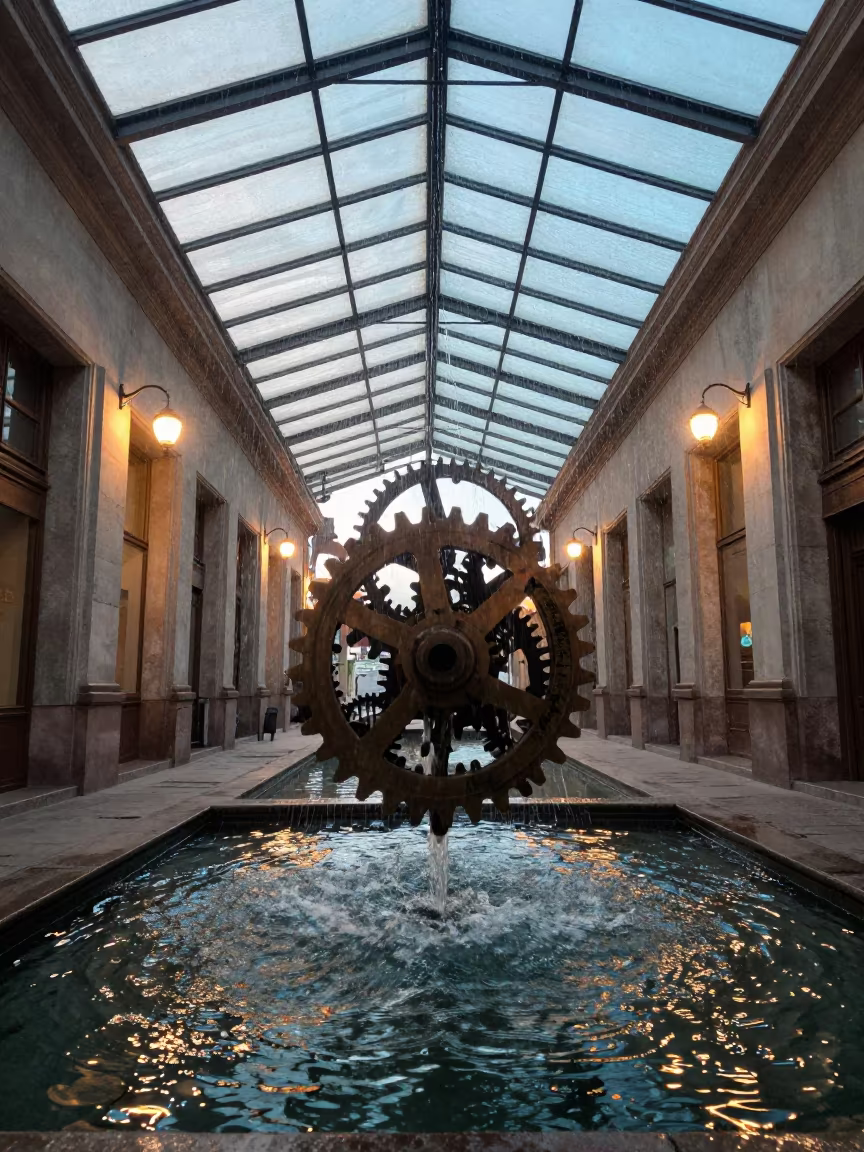 Clock Gears Over Flowing Water in La Paz Arcade in inside a glass-roofed arcade in La Paz