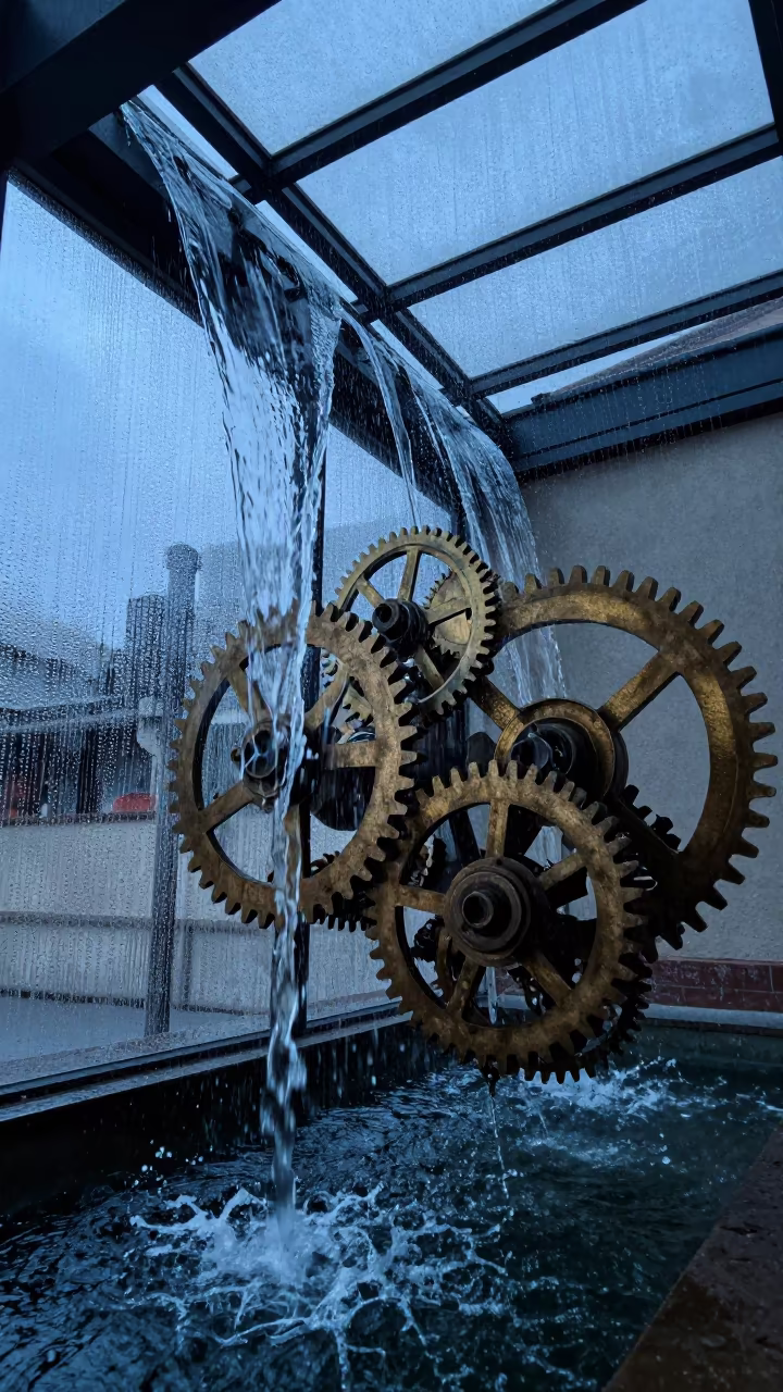 Clock Gears Over Water in Skylit Passageway in inside a skylit passageway in San Rafael