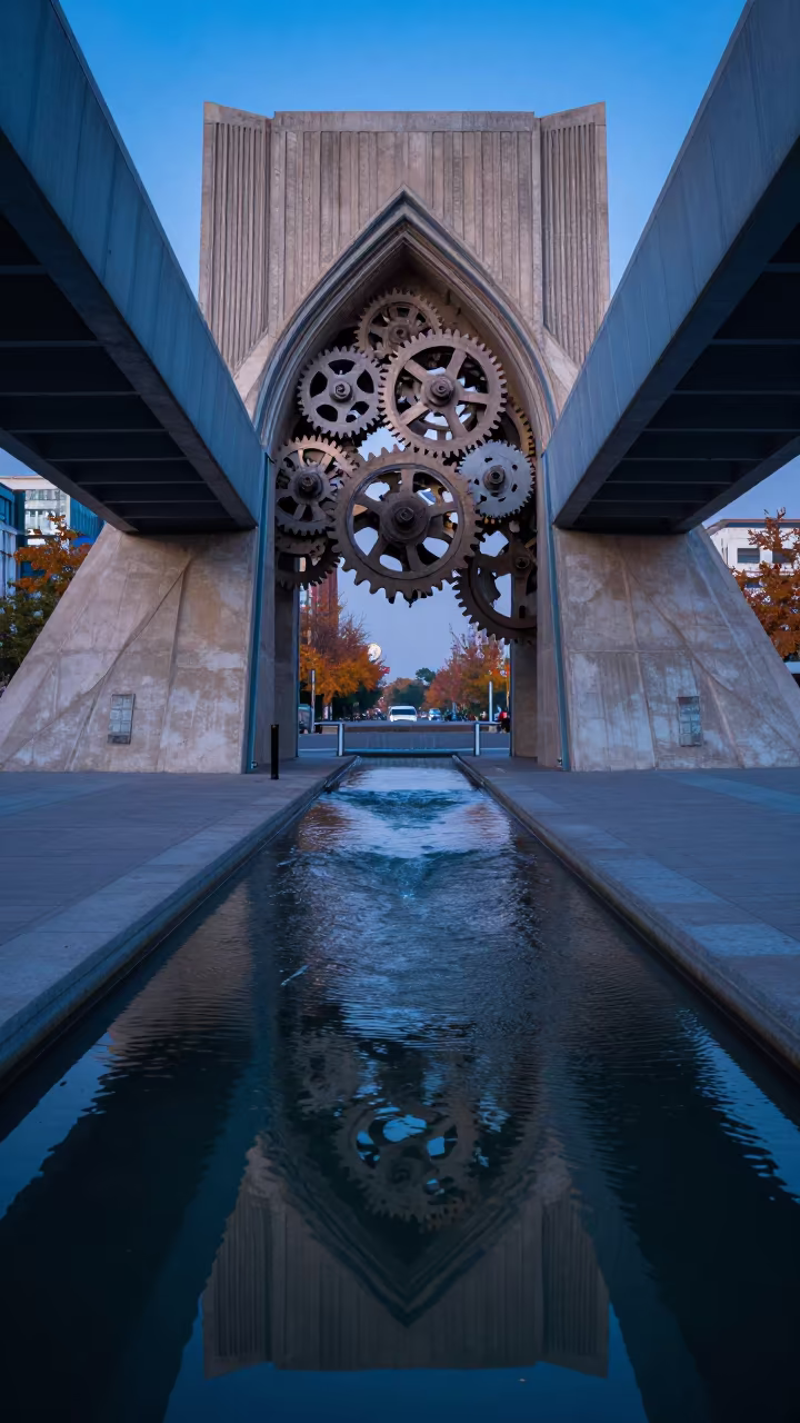 Clock Gears Reflected in Twilight Water Tabiat Bridge in inside a skylit passageway in Tabiat Bridge, Tehran