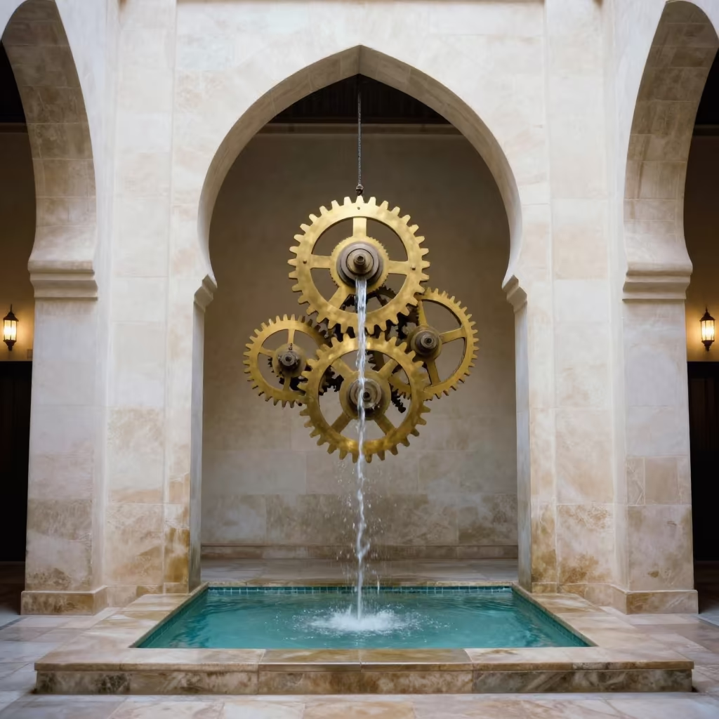 Clock Gears Reflection in Casablanca Atrium Water in inside a vaulted atrium in Casablanca