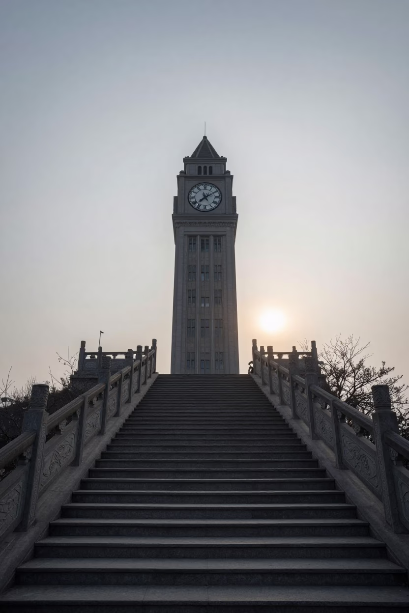 Clock Tower Base Staircase Zhangjiajie Morning Haze in at the base of a monumental staircase in Zhangjiajie