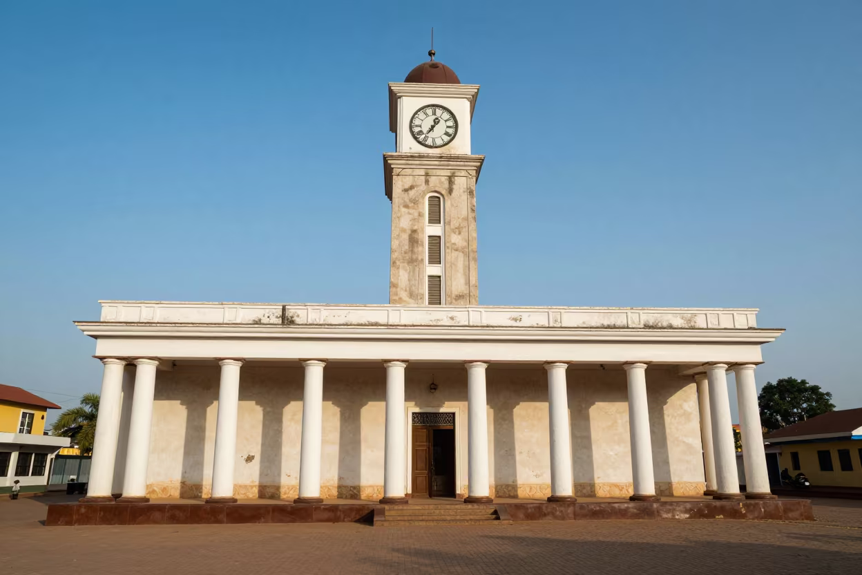 Clock Tower Along Colonnaded Facade Nigeria in along a colonnaded facade in Nigeria