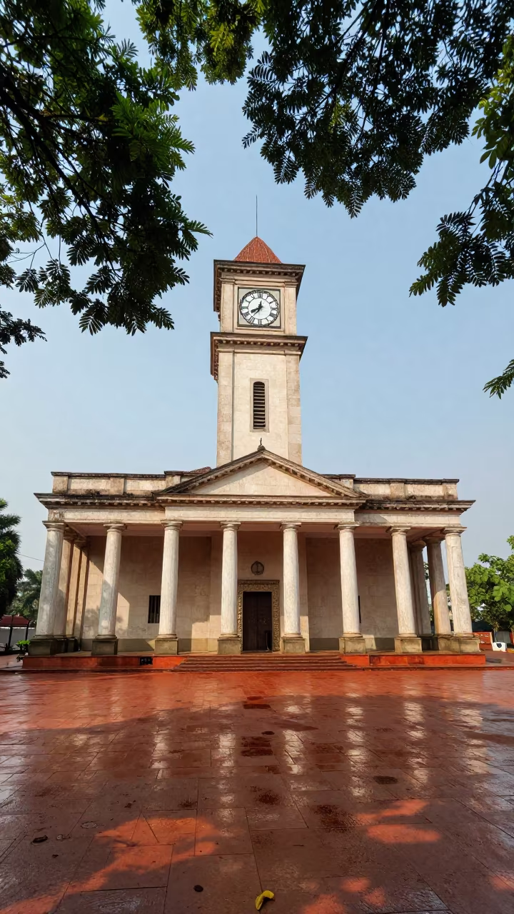 Clock Tower in Labé Square Rainy Season in along a colonnaded facade in Labé