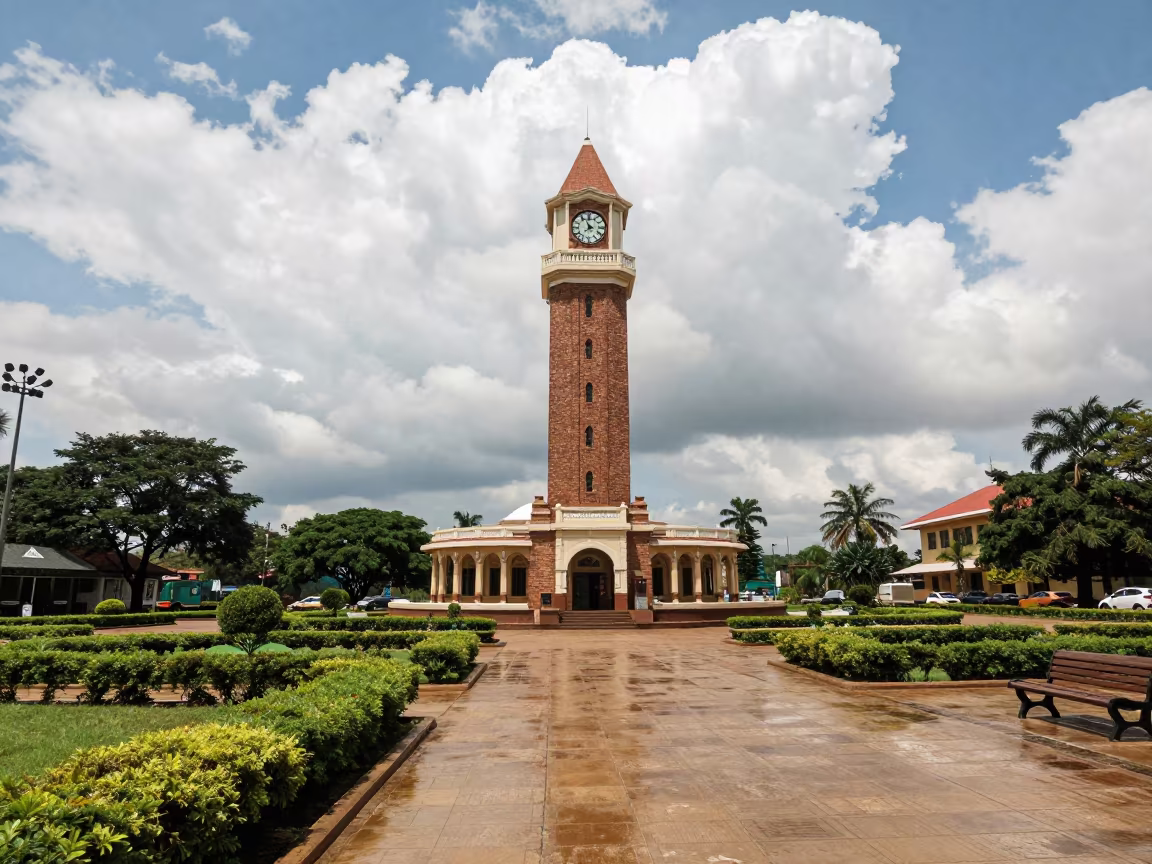 Clock Tower Over Mbuji-Mayi Plaza Wet Season in across a formal civic plaza in Mbuji-Mayi