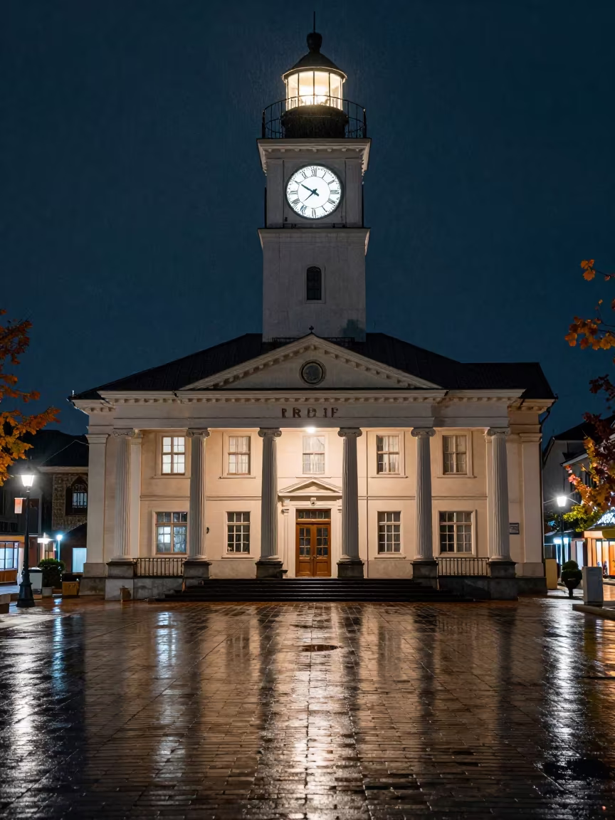 Clock Tower Swept by Night Light in Drizzle in along a colonnaded facade in Kansai