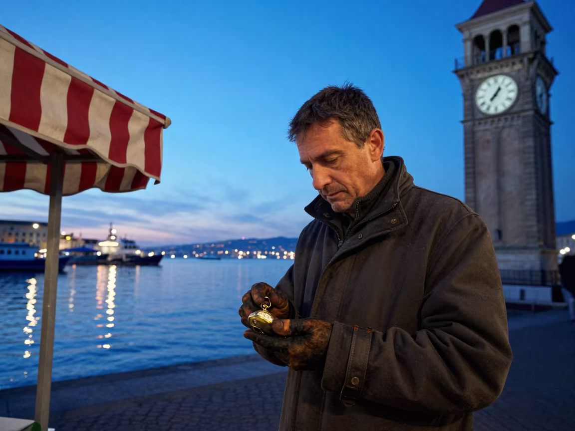 Clockkeeper Blue Hour Naples Portrait in under a striped market awning near Naples