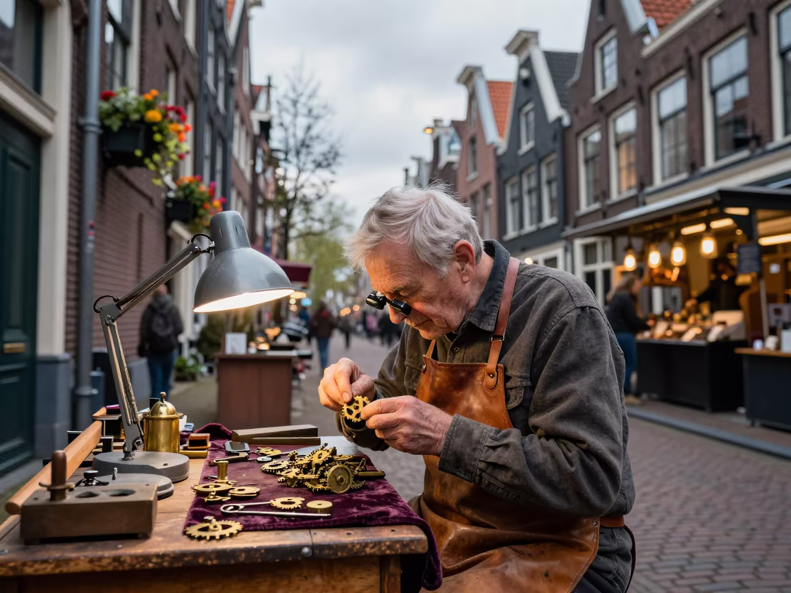Clockmaker Adjusting Gears in Amsterdam Market Lane in along a market lane in Amsterdam