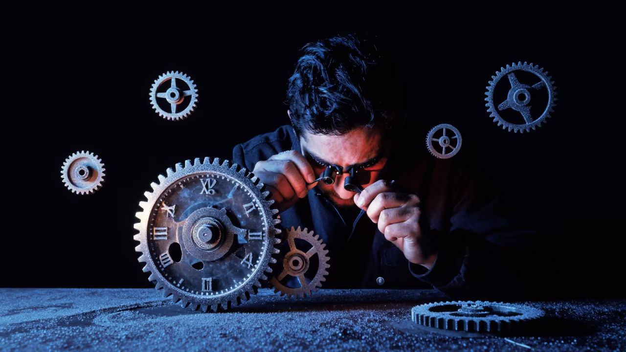 Clockmaker Adjusting Gears Amidst Falling Objects in near São Paulo