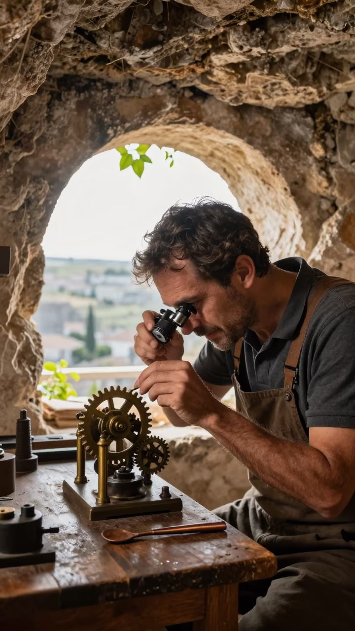 Clockmaker Adjusting Gears in Matera Stone in in Matera