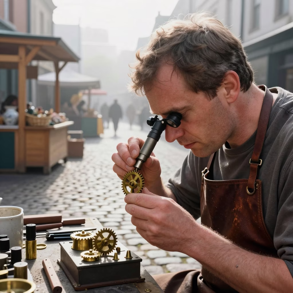 Clockmaker Adjusting Gears in Perth Market Lane in along a market lane in Perth