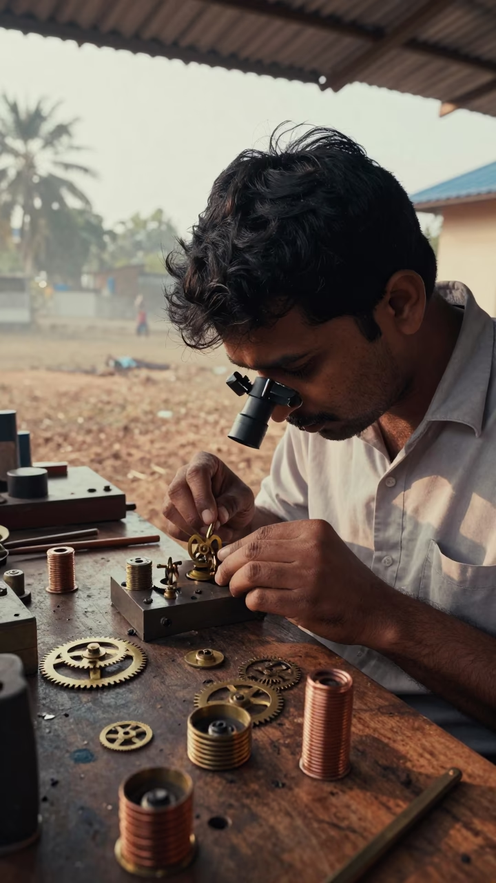 Clockmaker Adjusting Gears Under Magnification in near Tirunelveli
