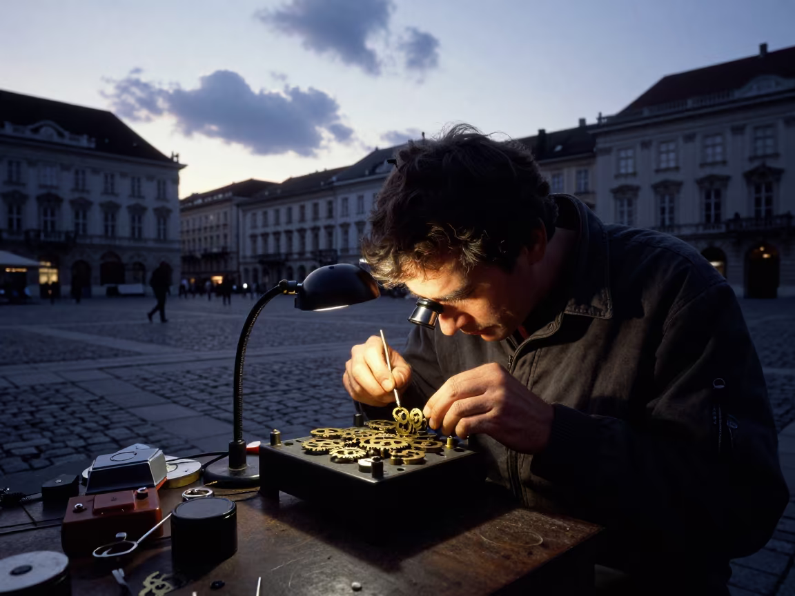 Clockmaker Adjusting Gears in Vienna Neubau in at a public square in Neubau, Vienna