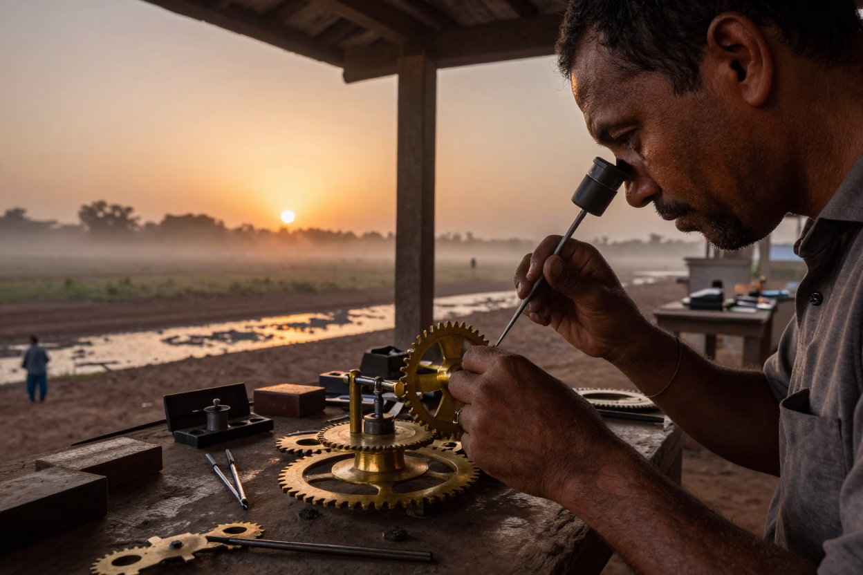 Clockmaker Adjusting Gears in Wet Season Light in near Kismayo