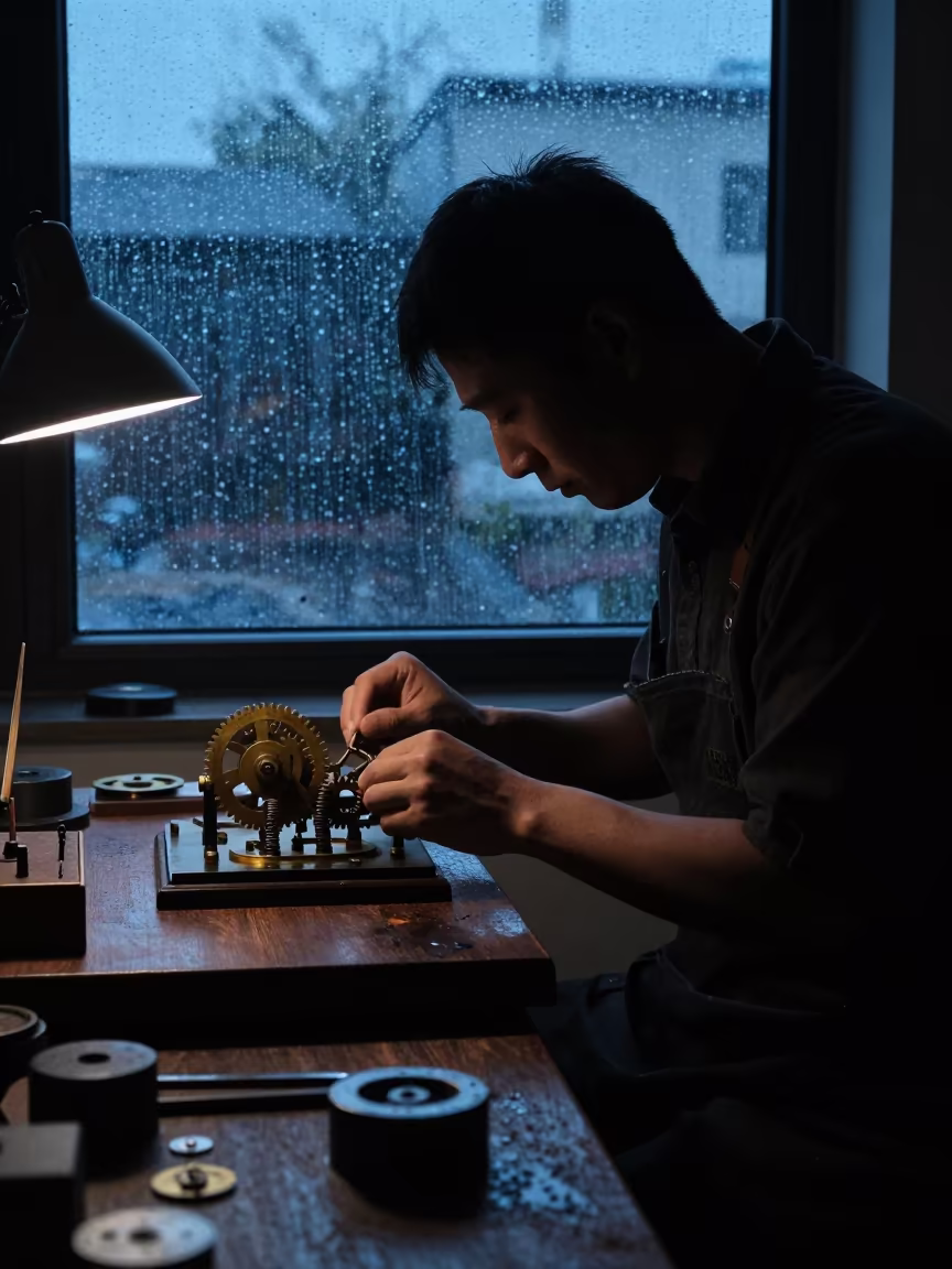 Clockmaker Bench Silhouette in Kotri Rain in in the old quarter in Kotri