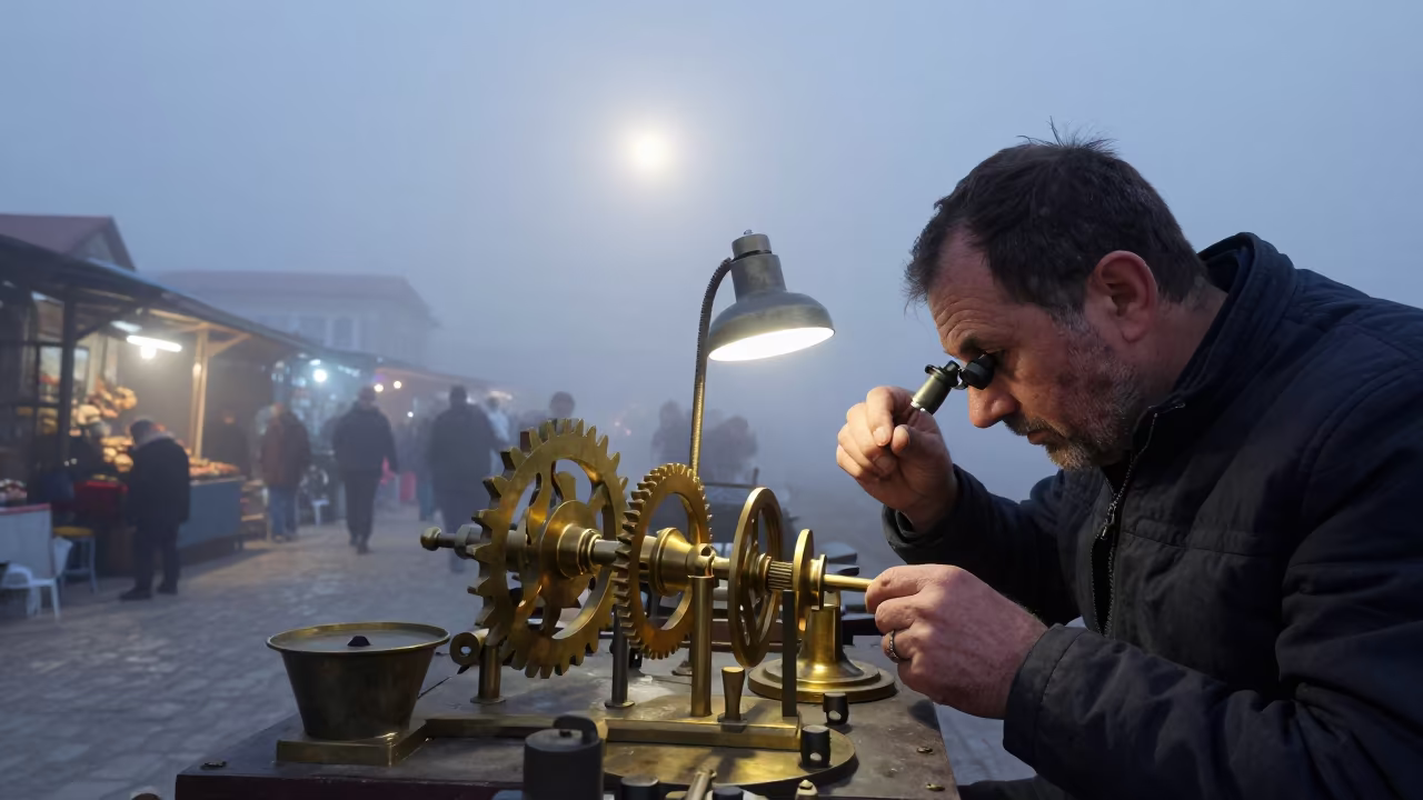 Clockmaker Gears in Mist Before Dawn in along a market lane in Çorlu
