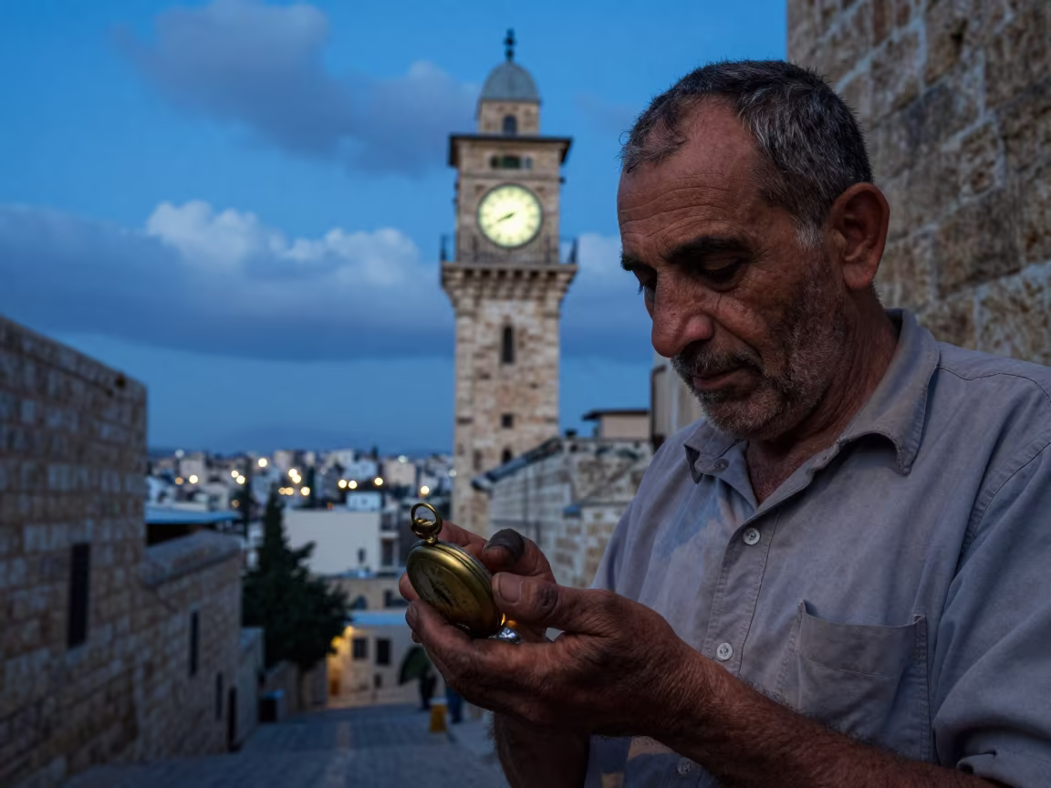 Clocktower Keeper Irbid Blue Hour in in a narrow stone alley near Irbid