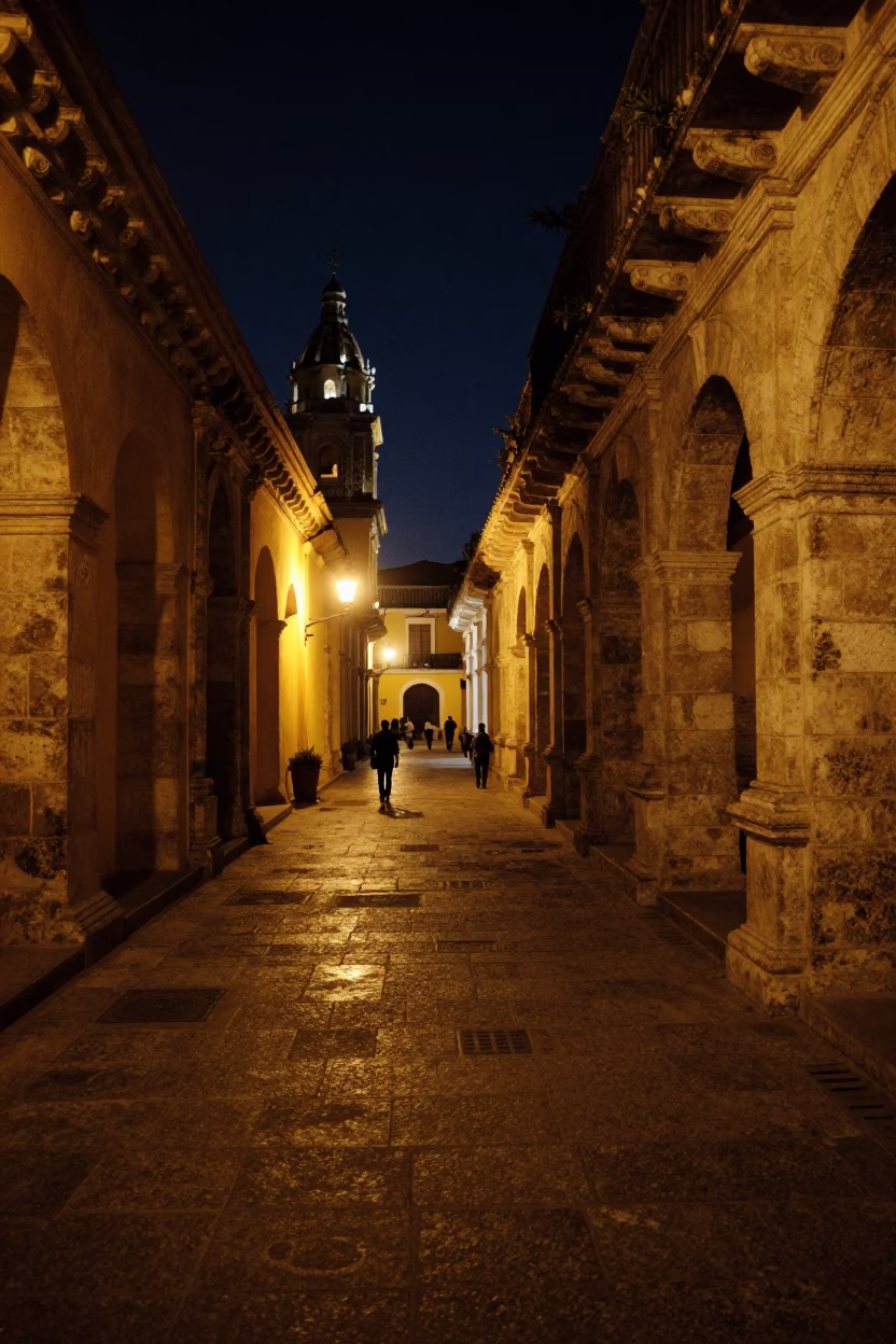 Cloister Walkway at Midnight Light in Cartagena in in Cartagena, Colombia
