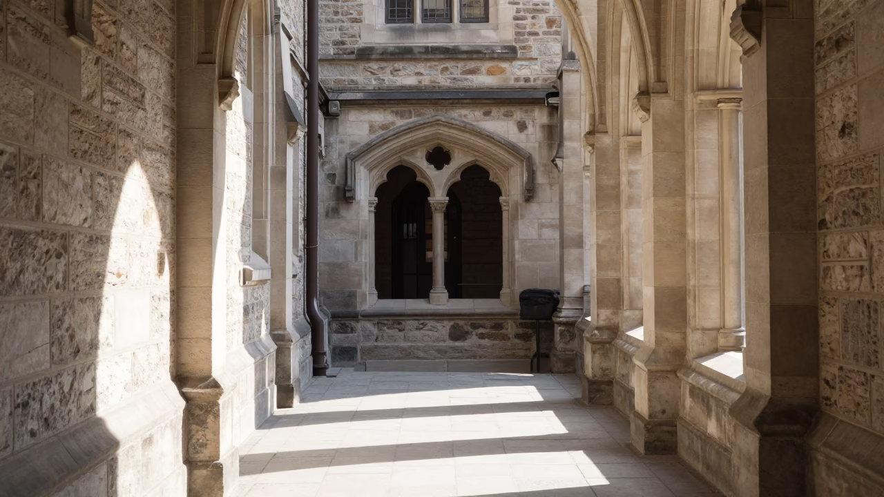 Cloister Walkway in Montreal at The Flat Glare Of Noon Light in in Montreal, Quebec, Canada