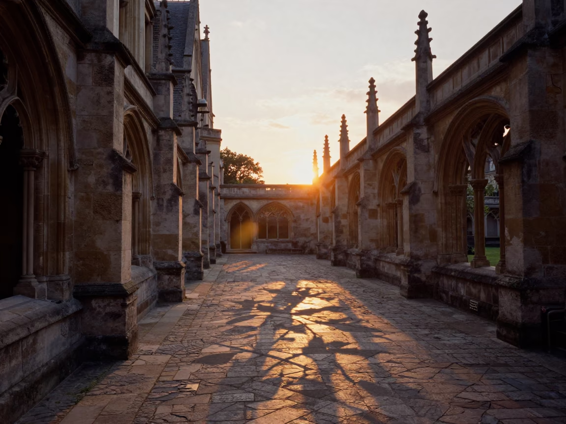 Cloister Walkway in Paris at As The Sun Drops Toward The Horizon in in Paris, France